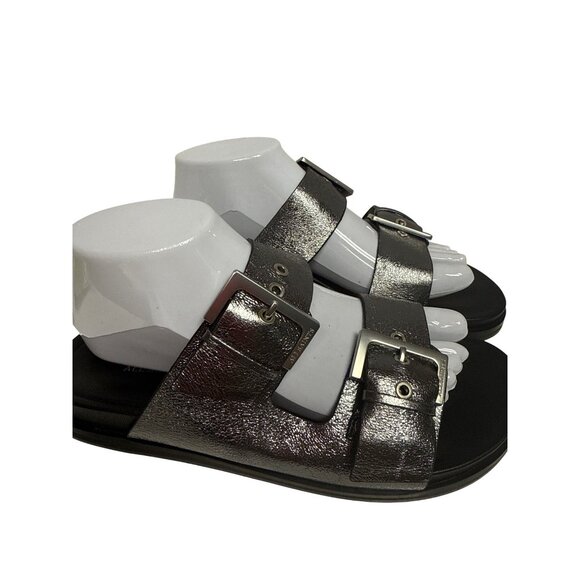 AllSaints Mia Metallic Strap Women's Sandal Slide Buckle Silver Black EU 39 8.5 - Picture 5 of 12